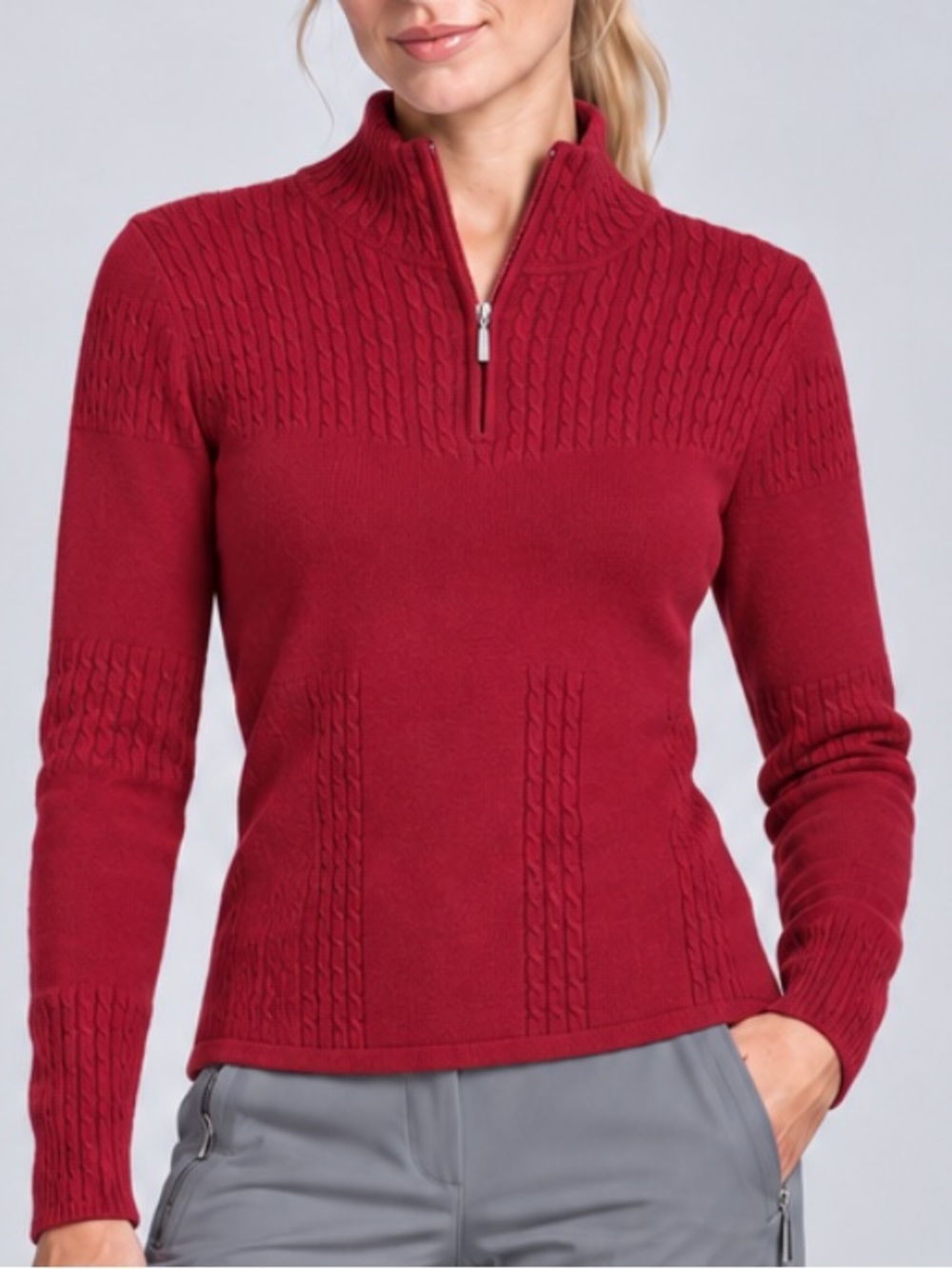 NILS Cable Knit Detail  1/4 Zip Sweater Long Sleeve in Red